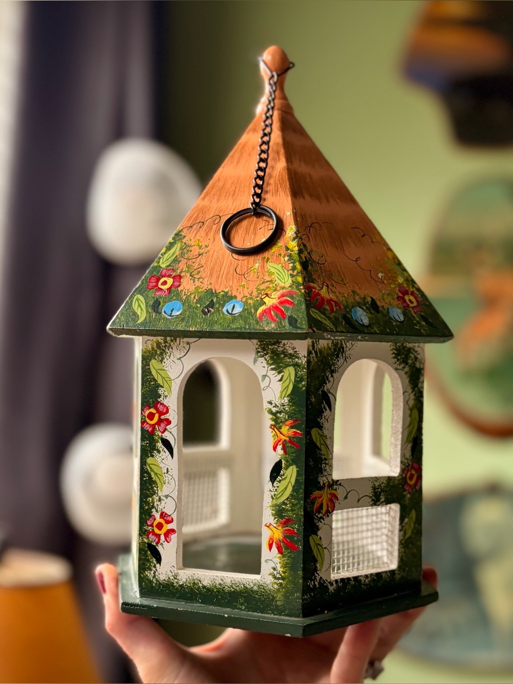 Hand-Painted Vintage Green & Natural Wooden Decorative Garden Hanging Art